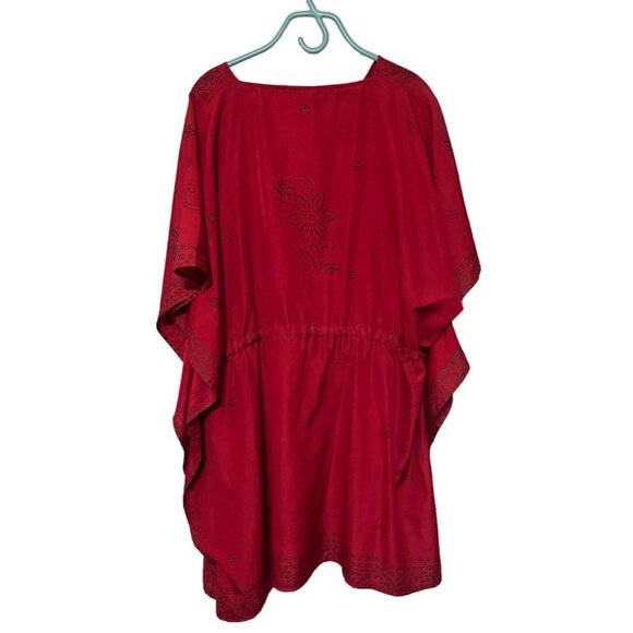 Red Priya One Size Floral BOHO Festival V Neck Kaftan Pullover Cover Up Tunic - Picture 2 of 6